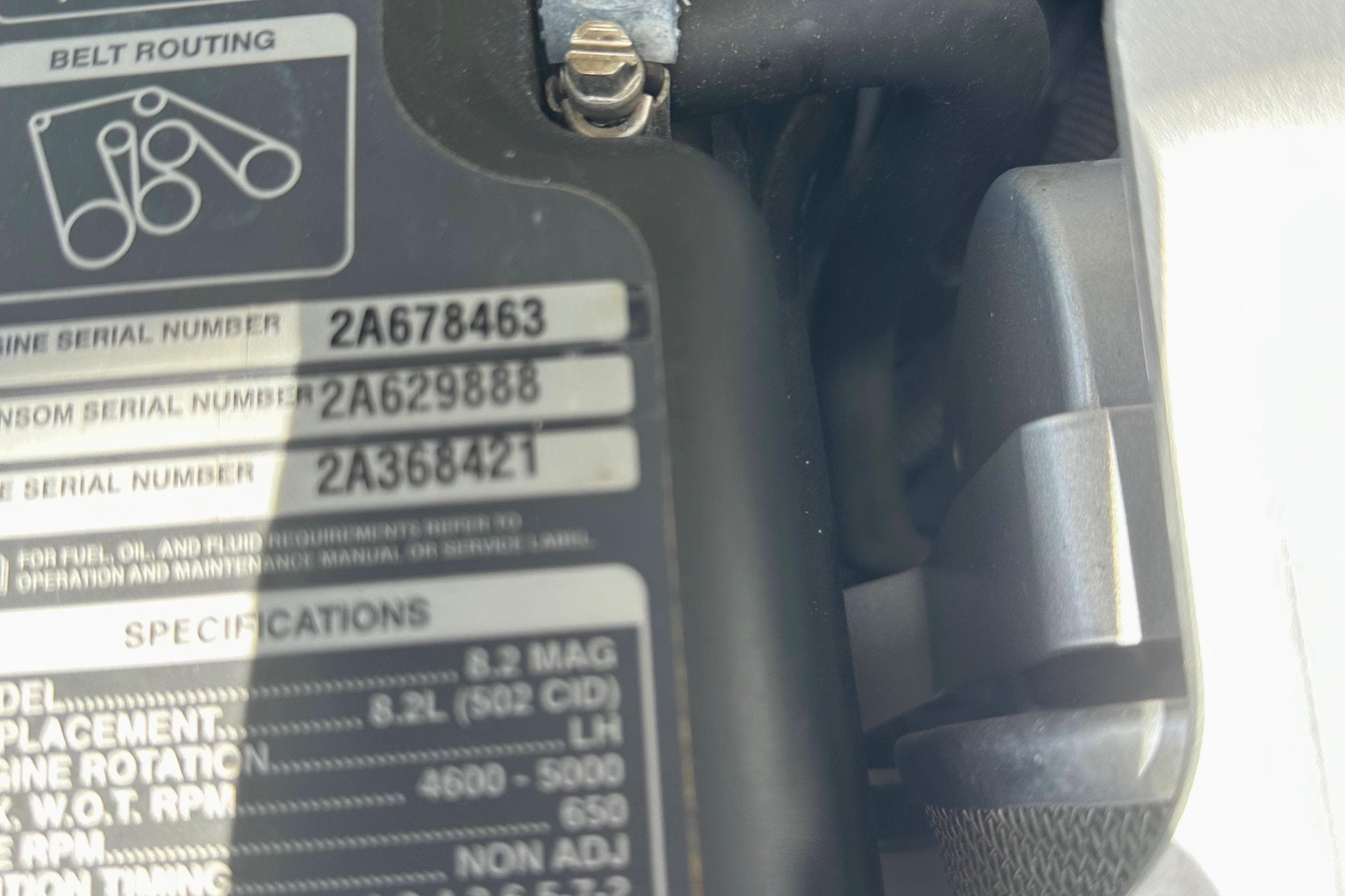 Engine specifications and serial numbers on a 2020 Crownline 290 SS boat.