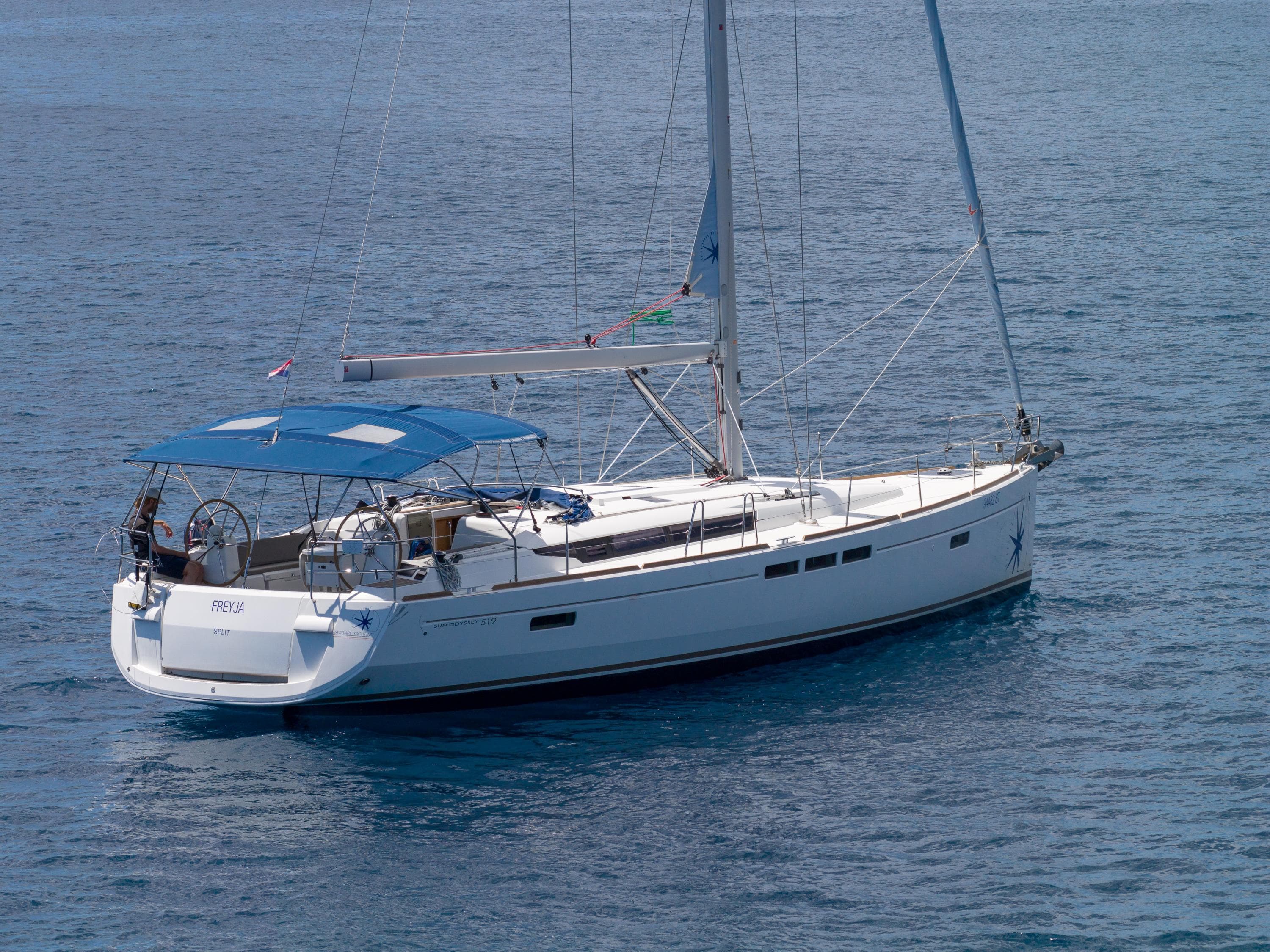2018 Jeanneau Sun Odyssey 519 sailboat on calm blue water.