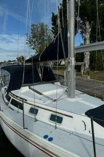 1988 Catalina 30 sailboat docked, featuring white hull and dark blue sail cover.