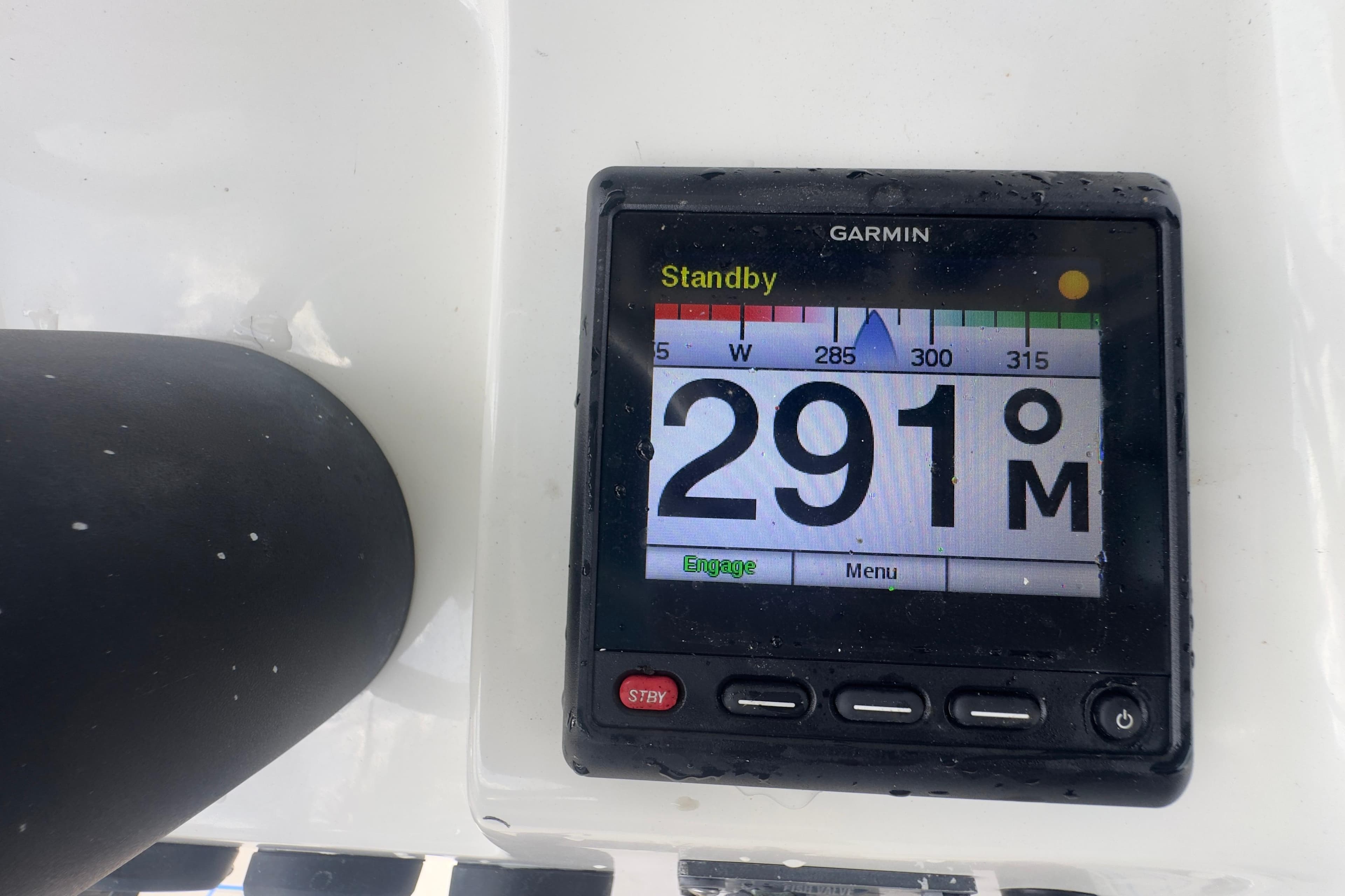 Garmin navigation display on 2007 Intrepid 370 Center Console showing heading 291 degrees.