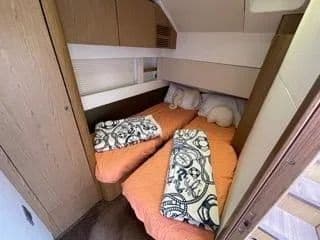 Interior of 2014 Beneteau Gran Turismo 49 with twin beds.