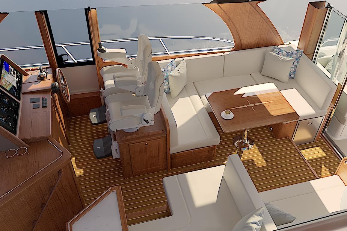Luxurious interior of 2026 Sabre 51 Salon Express yacht with plush seating and modern helm.