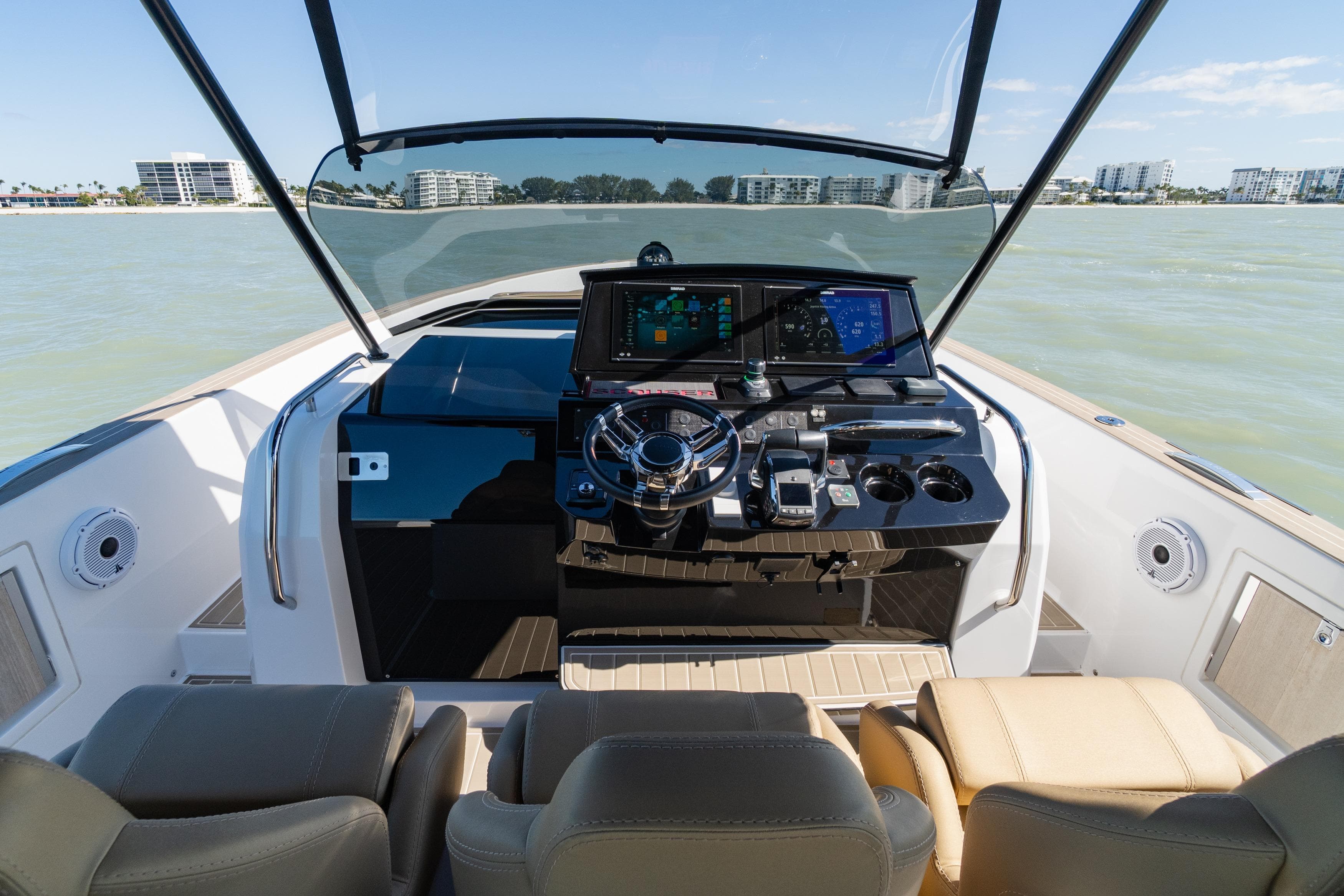 2025 Pardo Yachts P38R cockpit with modern navigation system and luxurious seating.