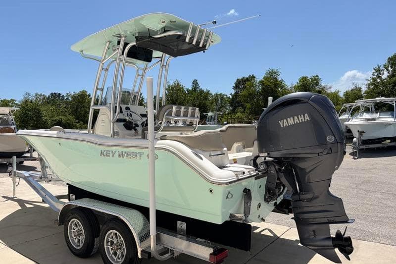 2024 Key West 203 FS boat with Yamaha engine on trailer, outdoors.