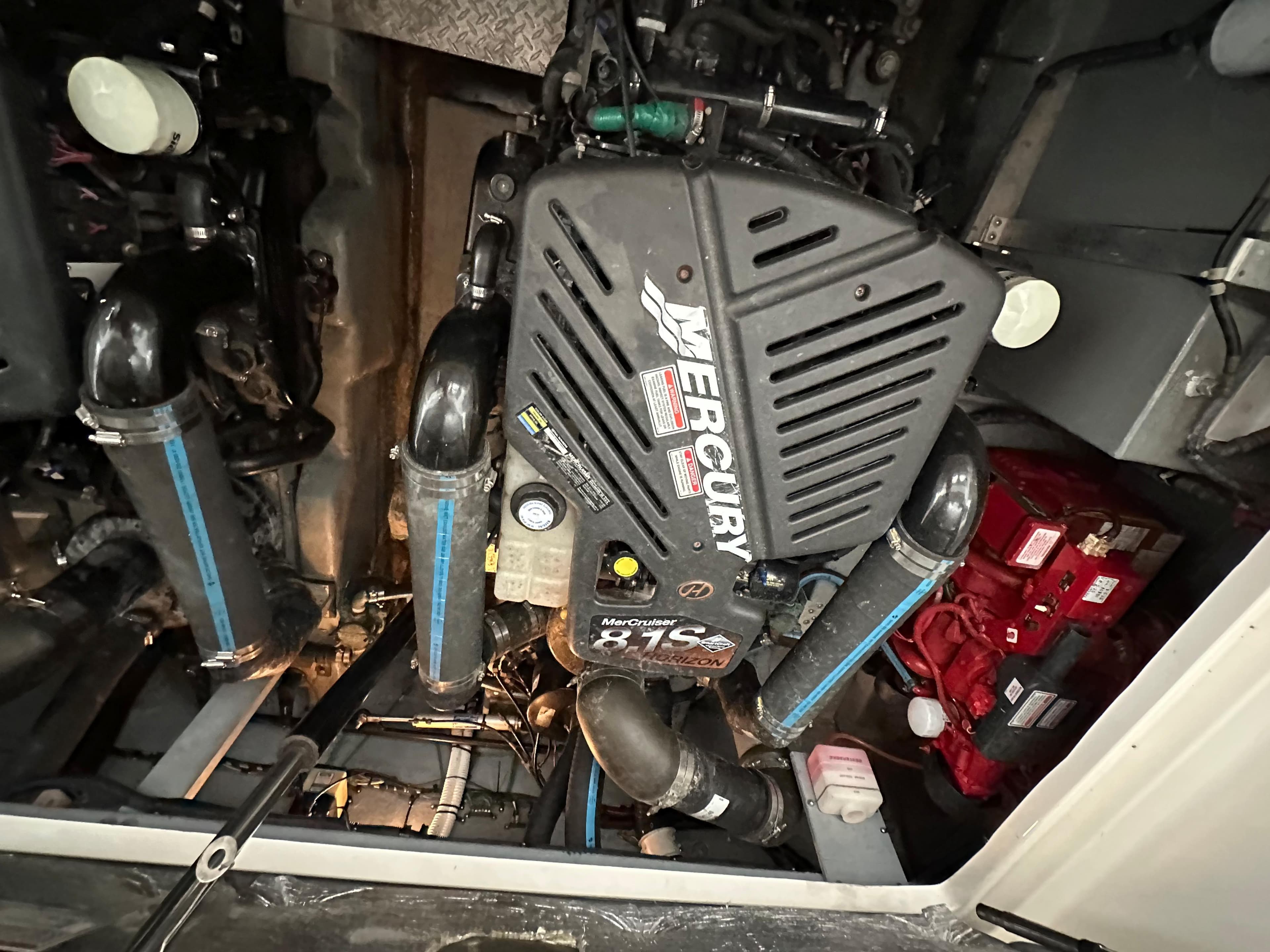 Engine compartment of a 2002 Sea Ray 360 Sundancer with Mercury engine.