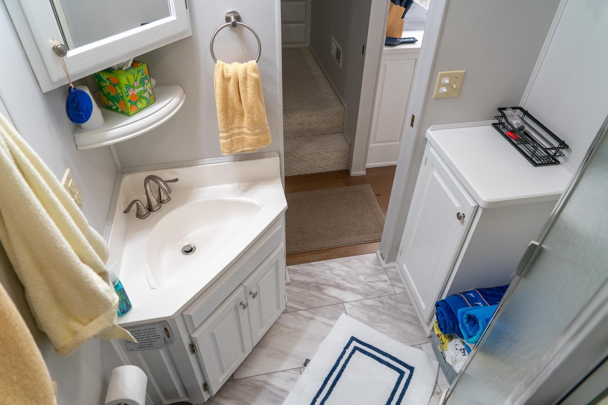Bathroom interior of 1996 Lakeview 66 x 16 Widebody Houseboat, featuring sink and storage.