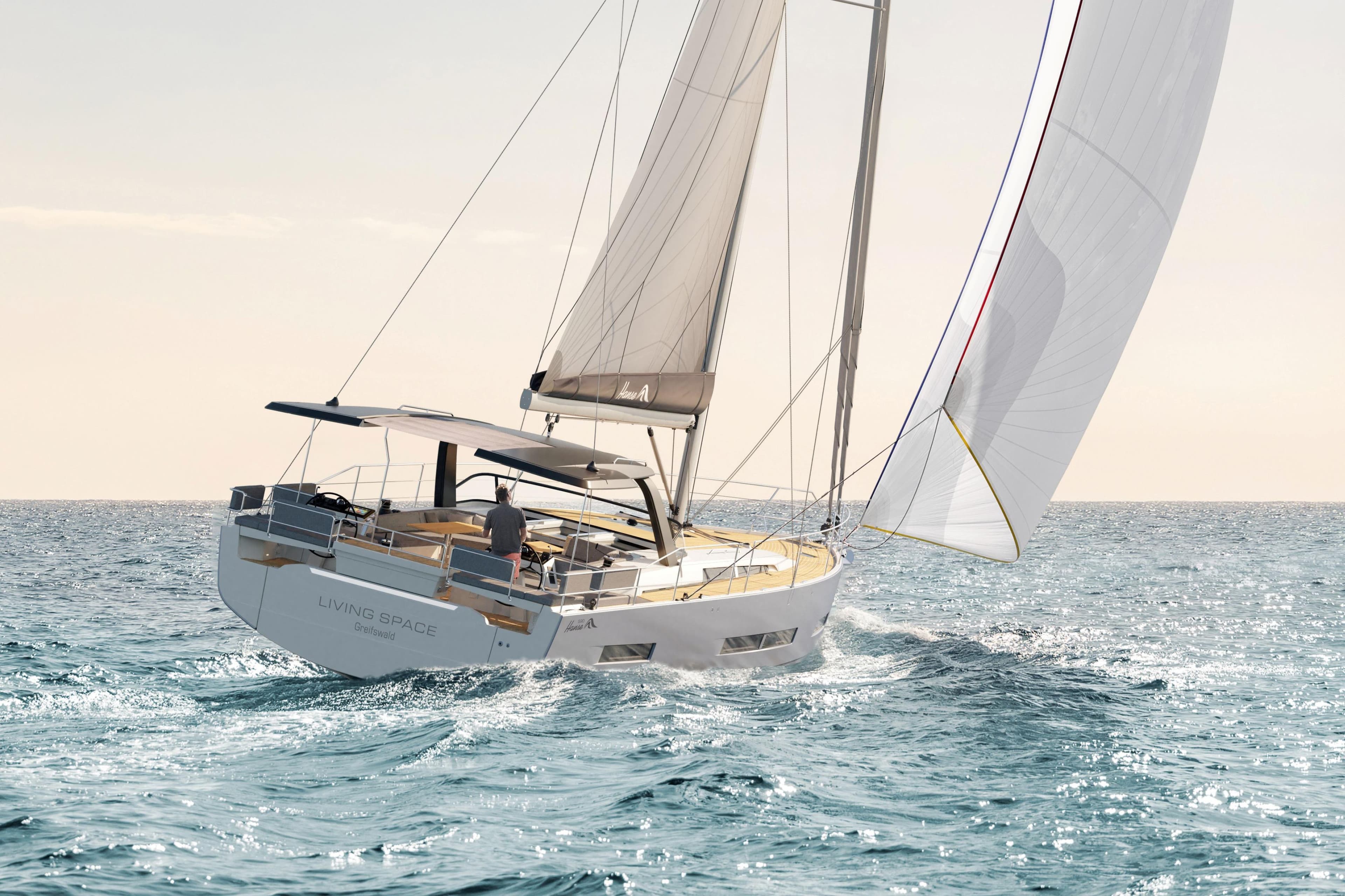 Sailing yacht Hanse 590, 2026 model, cruising on open sea at sunset.