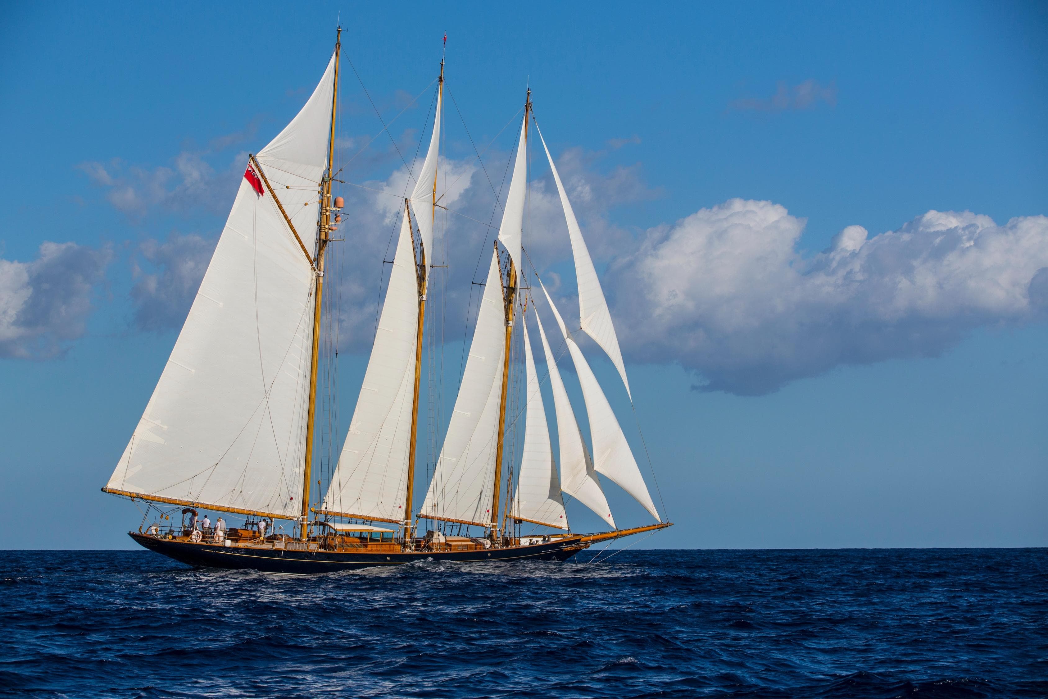 Classic 1902 Townsend & Downey Schooner sailing on open sea under clear blue sky.