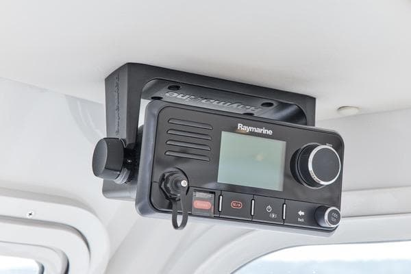 Raymarine marine radio installed on 2018 MJM 40z yacht ceiling.