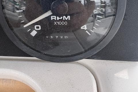 Close-up of a 2001 Hunter 340 RPM gauge displaying 6700 RPM.