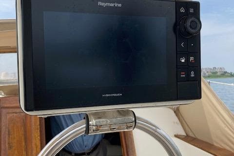 Raymarine navigation system on 1977 Gulfstar 37 sailboat helm.