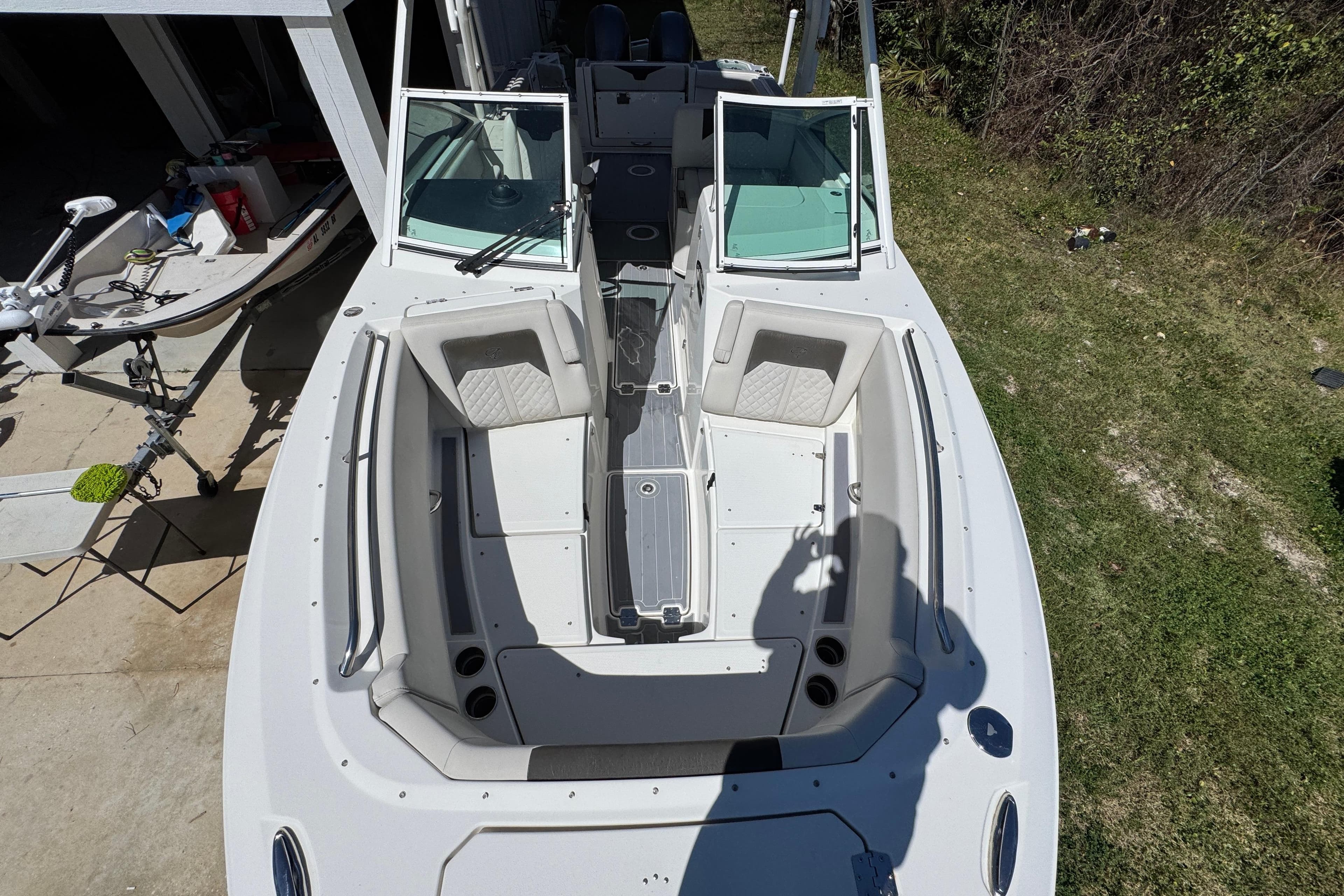2022 Sailfish 276 DC boat, aerial view, showcasing spacious seating and sleek design.