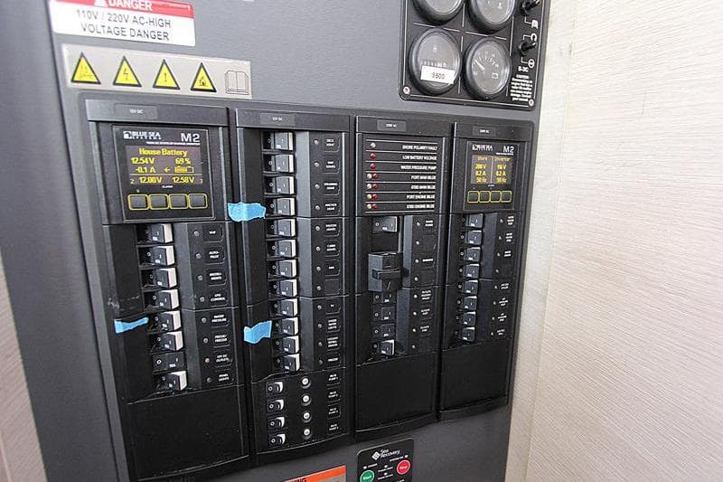 Electrical control panel in a 2020 Leopard 50, featuring circuit breakers and battery monitors.