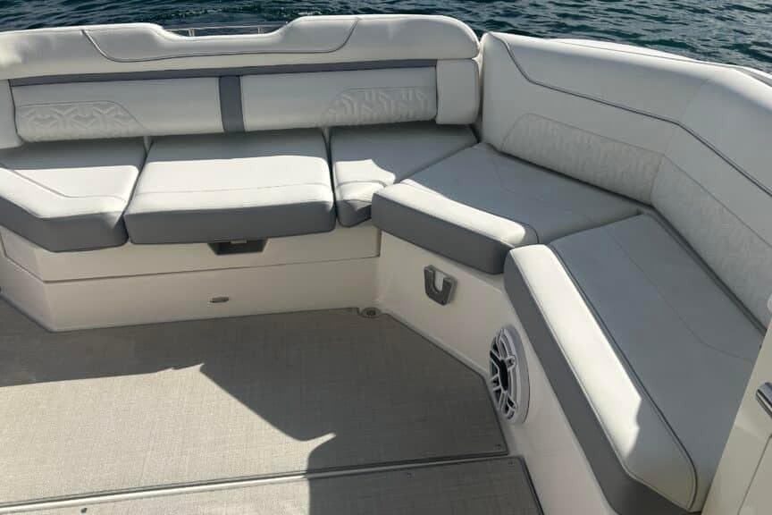 Luxurious seating on 2025 Regal LS36 boat, featuring elegant upholstery and spacious design.