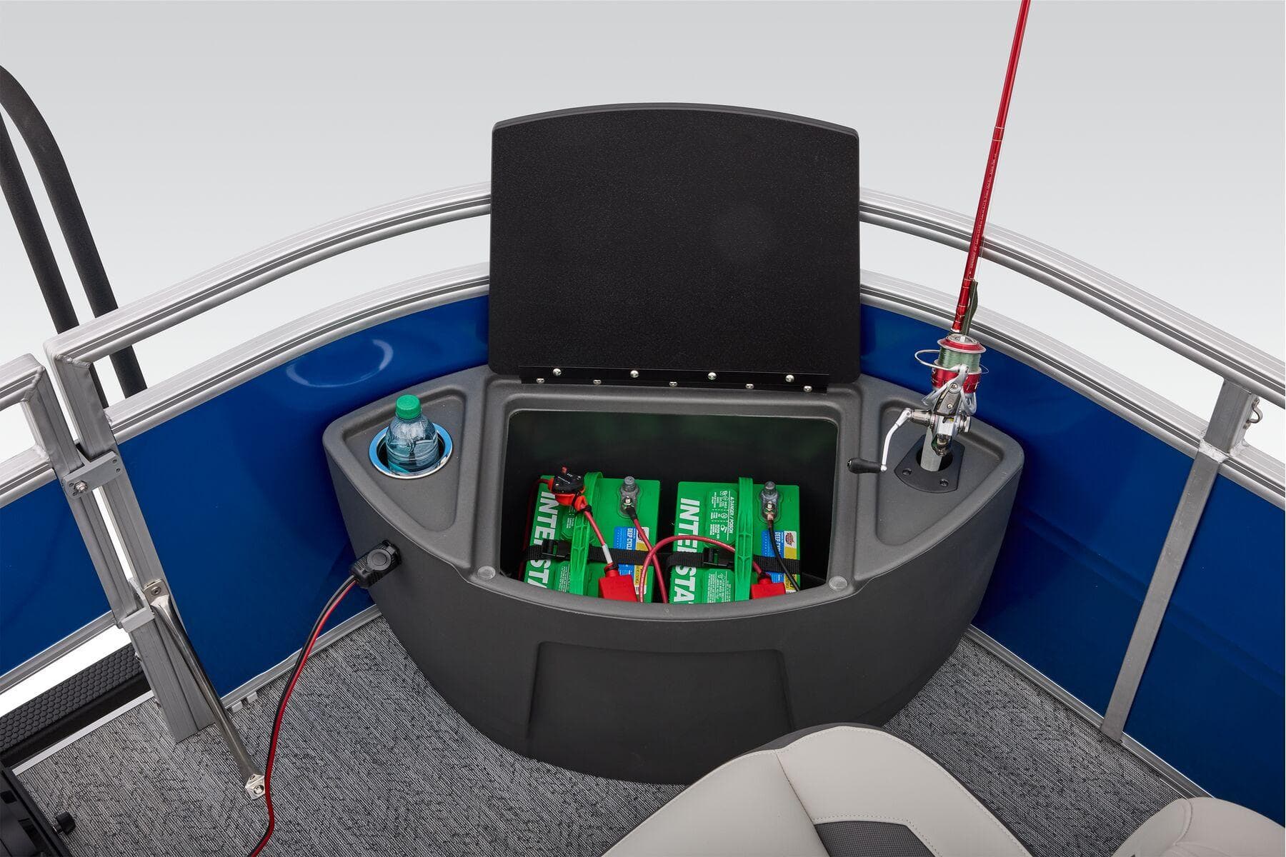 Manufacturer Provided Image: 2026 Sun Tracker Fishin' Barge 20 DLX boat storage with fishing rod holder and drink compartment.