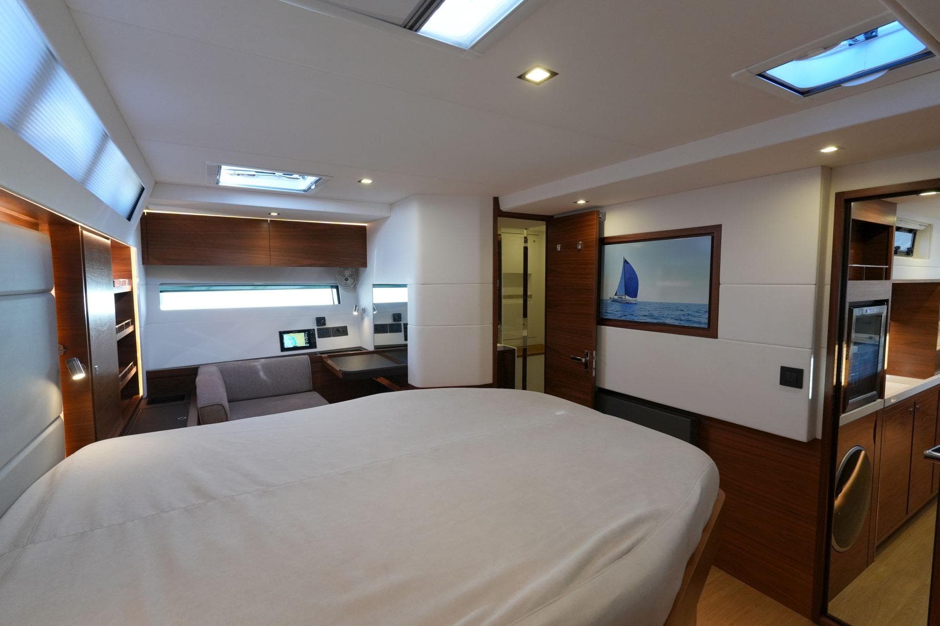 Luxurious interior of 2020 Amel 60 yacht featuring modern design and elegant furnishings.