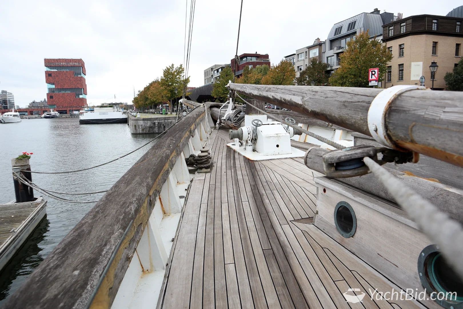 Deck of 1992 Olivier Van Meer 143 Zaca A Te Moana in harbor.