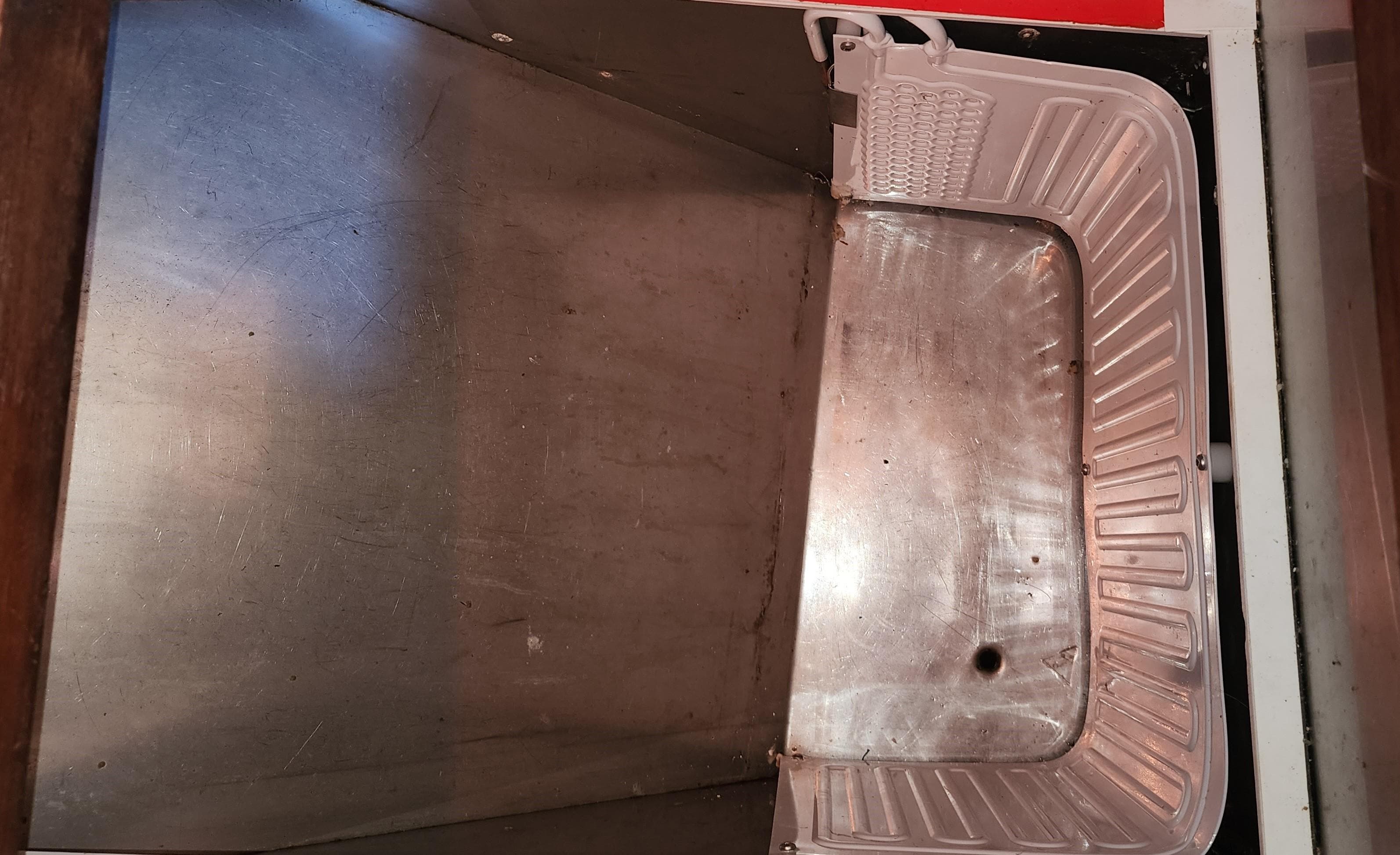 Interior of a 1984 Baltic 38DP boat, showing metal surface.