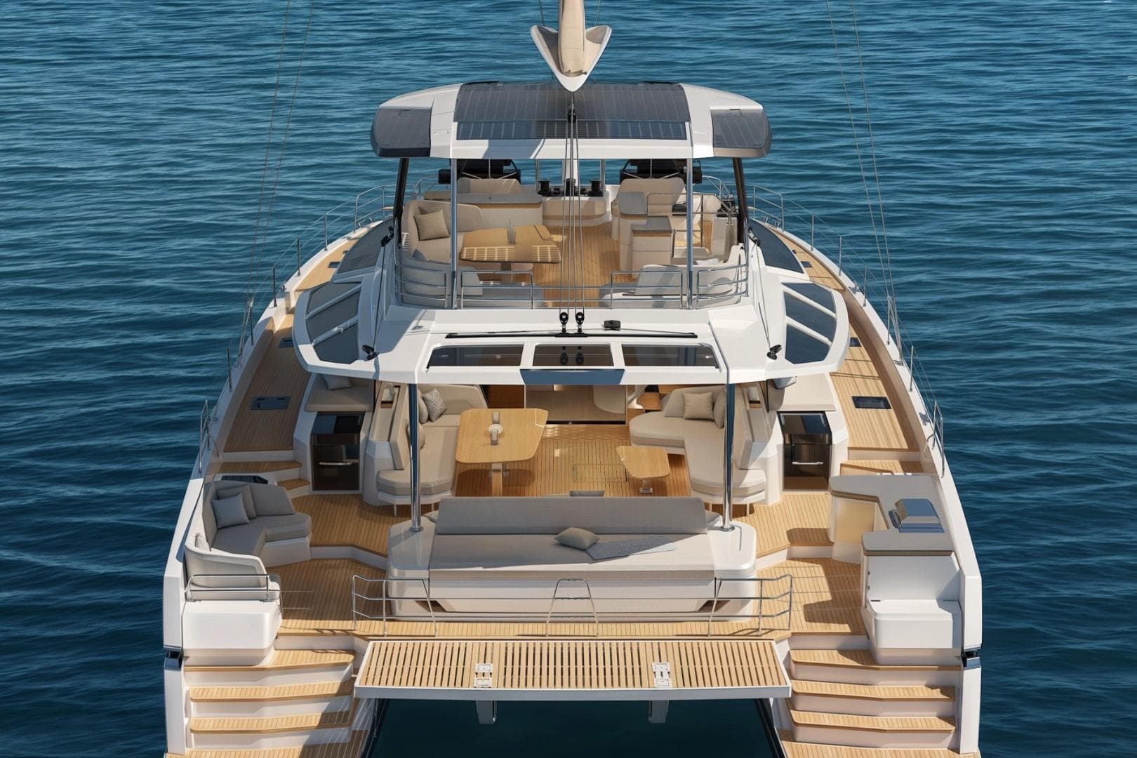 Luxurious 2027 Fountaine Pajot FPY 70S yacht with spacious deck and elegant seating on the water.