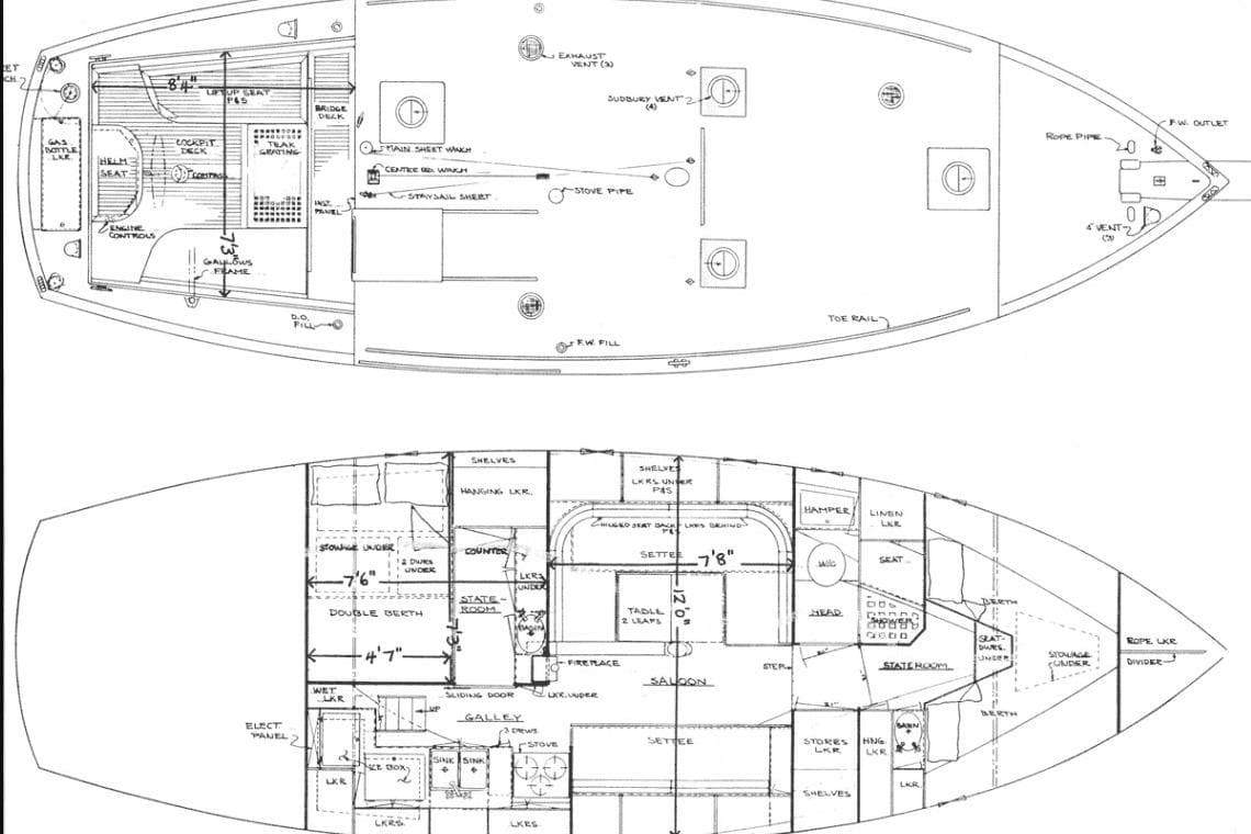 Blueprint of 1982 Kadey-Krogen 38 Dual Centerboard sailboat, showcasing deck and interior layout.