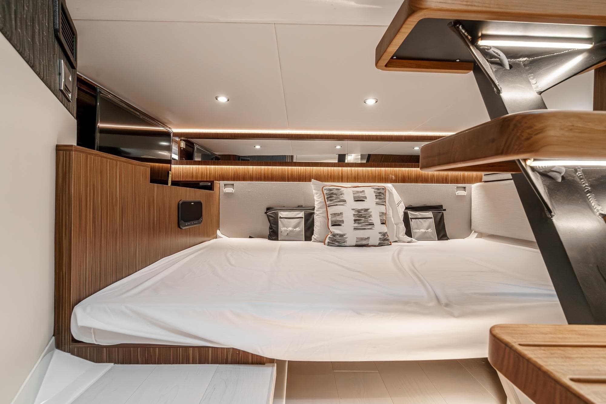 Luxurious interior cabin of 2022 Sea Ray Sundancer 370 Outboard yacht.