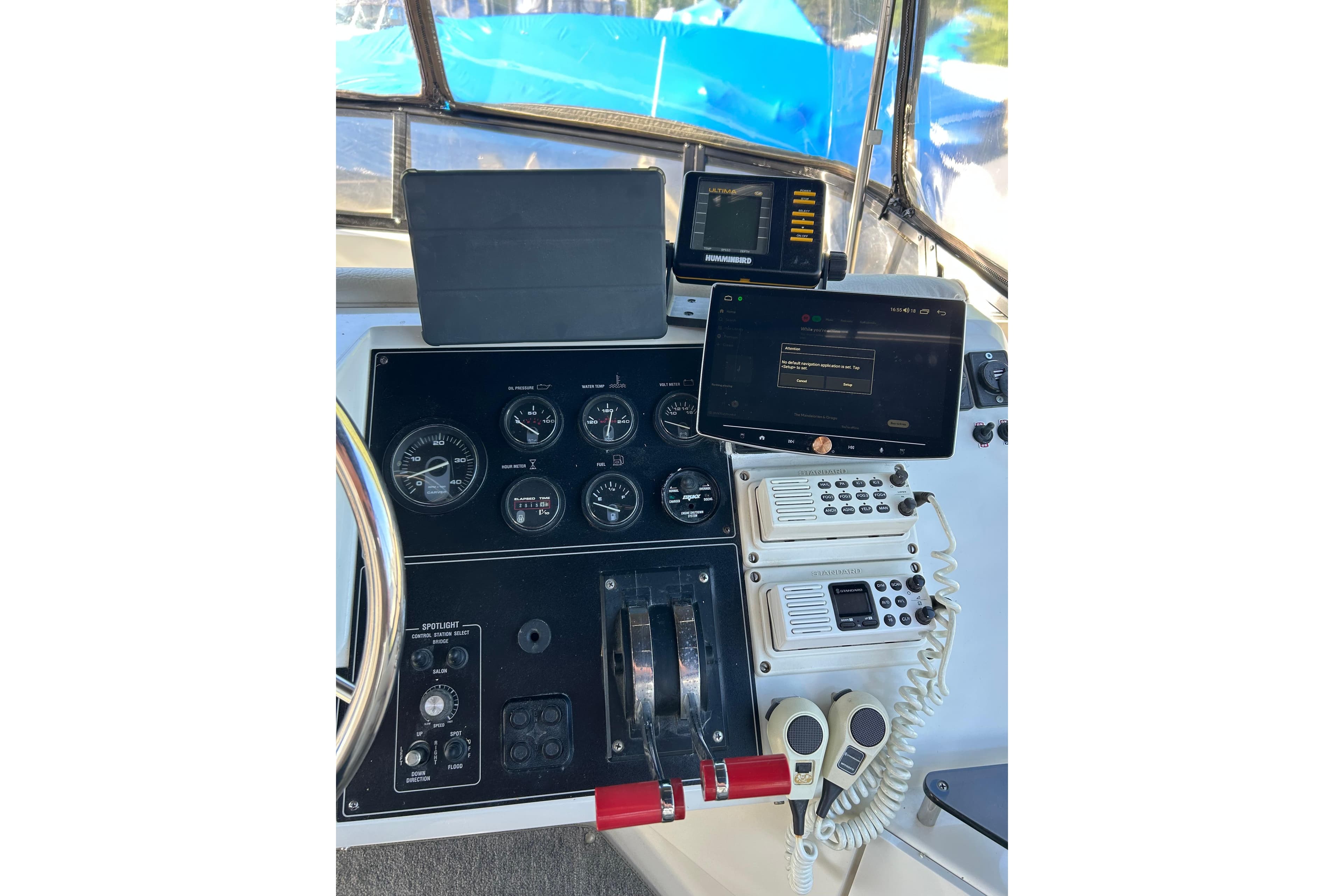 Control panel of a 1991 Carver 3608 Aft Cabin Motor Yacht with navigation instruments.