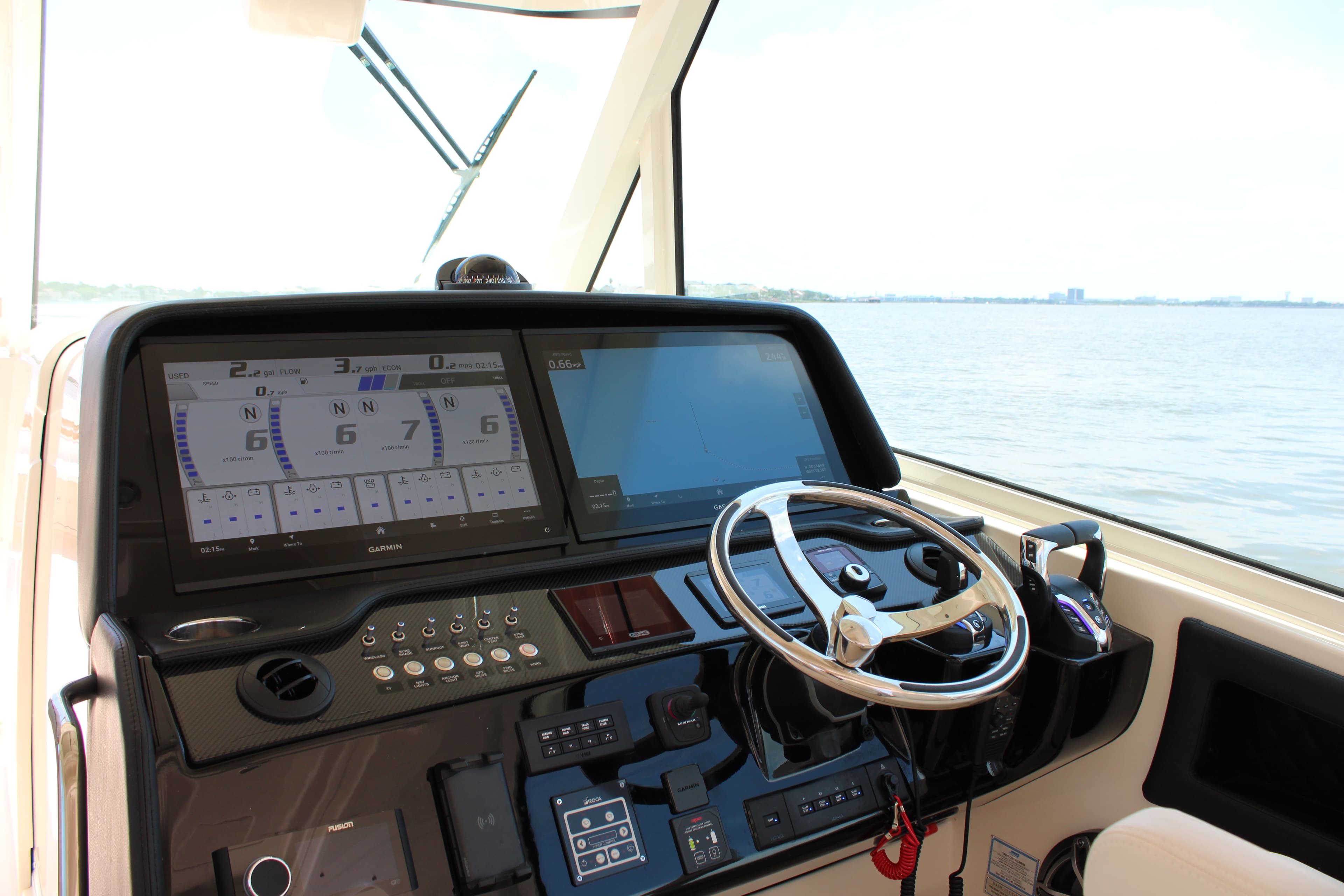 Helm of Grady-White Freedom 415 yacht, model year 2026.