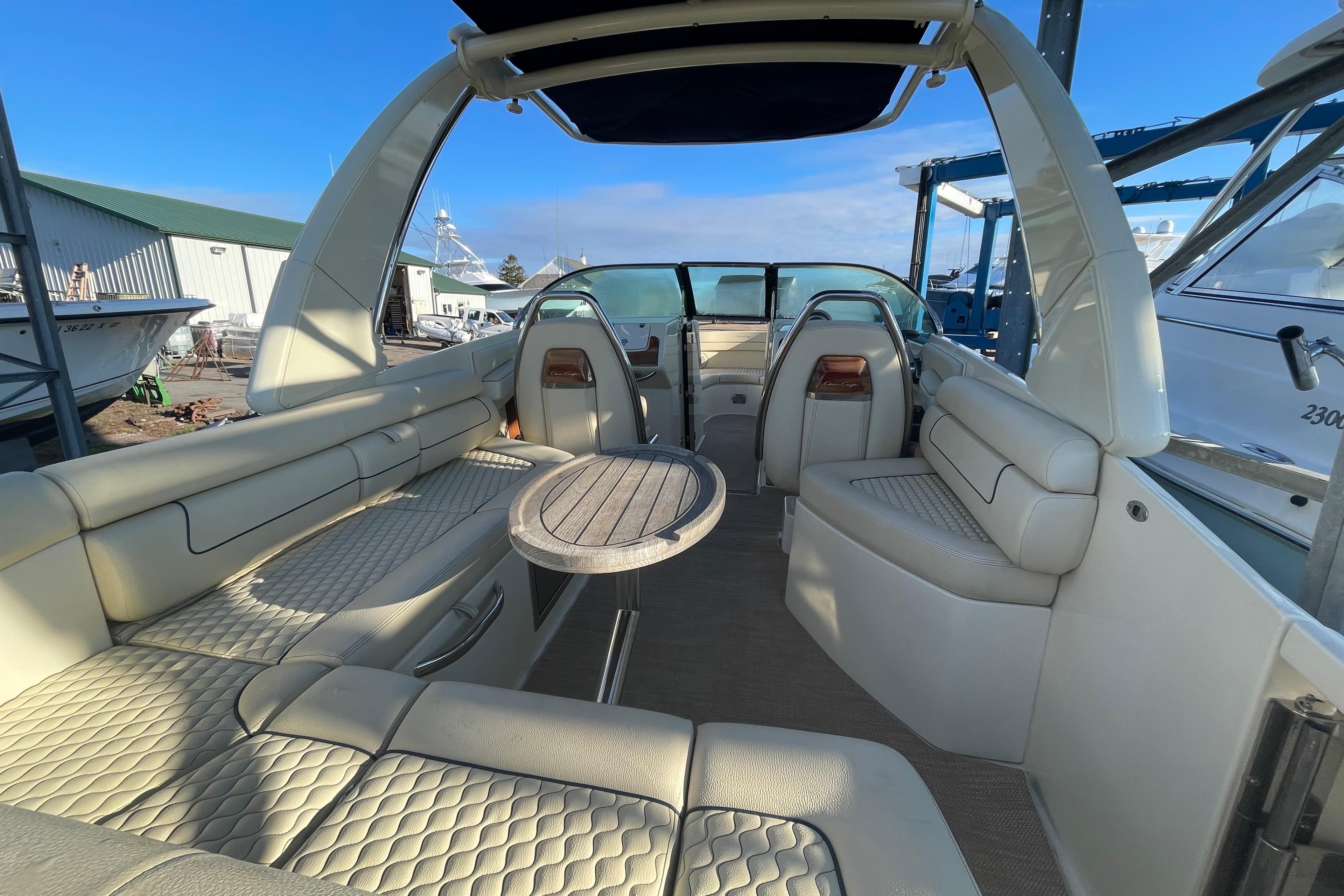 2020 Chris-Craft Launch 28 GT interior with luxurious seating and elegant design.