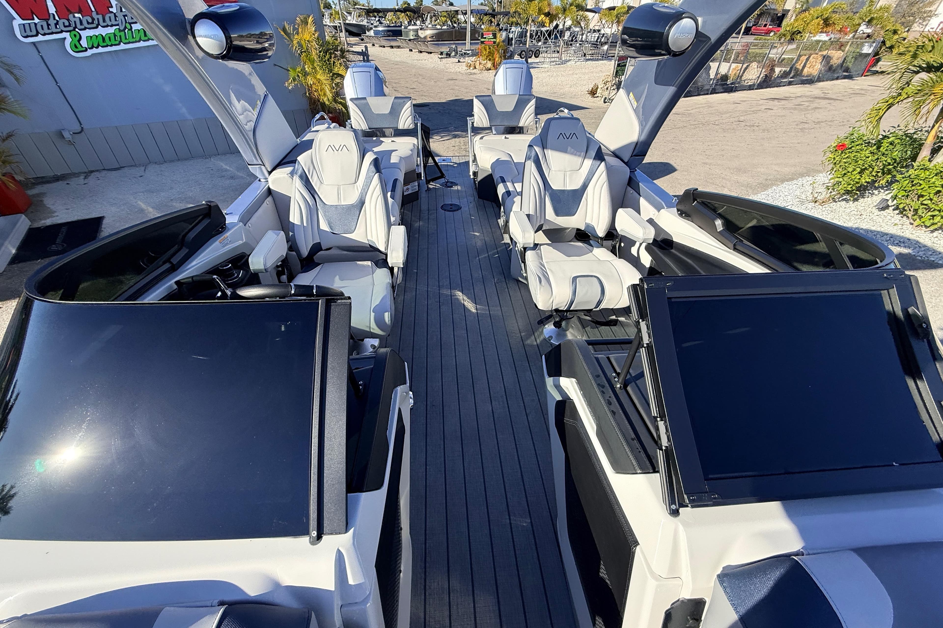 2026 Avalon Excalibur boat interior with luxurious seating and advanced controls.
