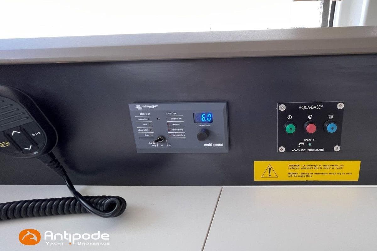 Control panel on a 2018 Bali 4.3 yacht with Victron Energy and Aqua-Base systems.
