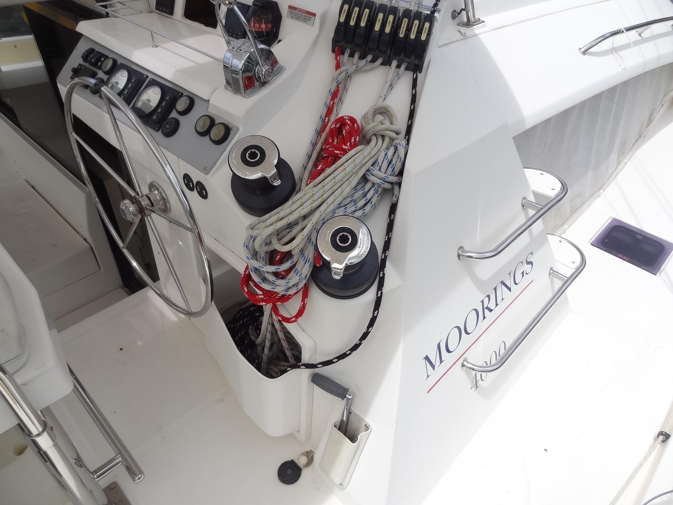 Leopard 40 yacht cockpit with steering wheel and control panel, 2020 model.