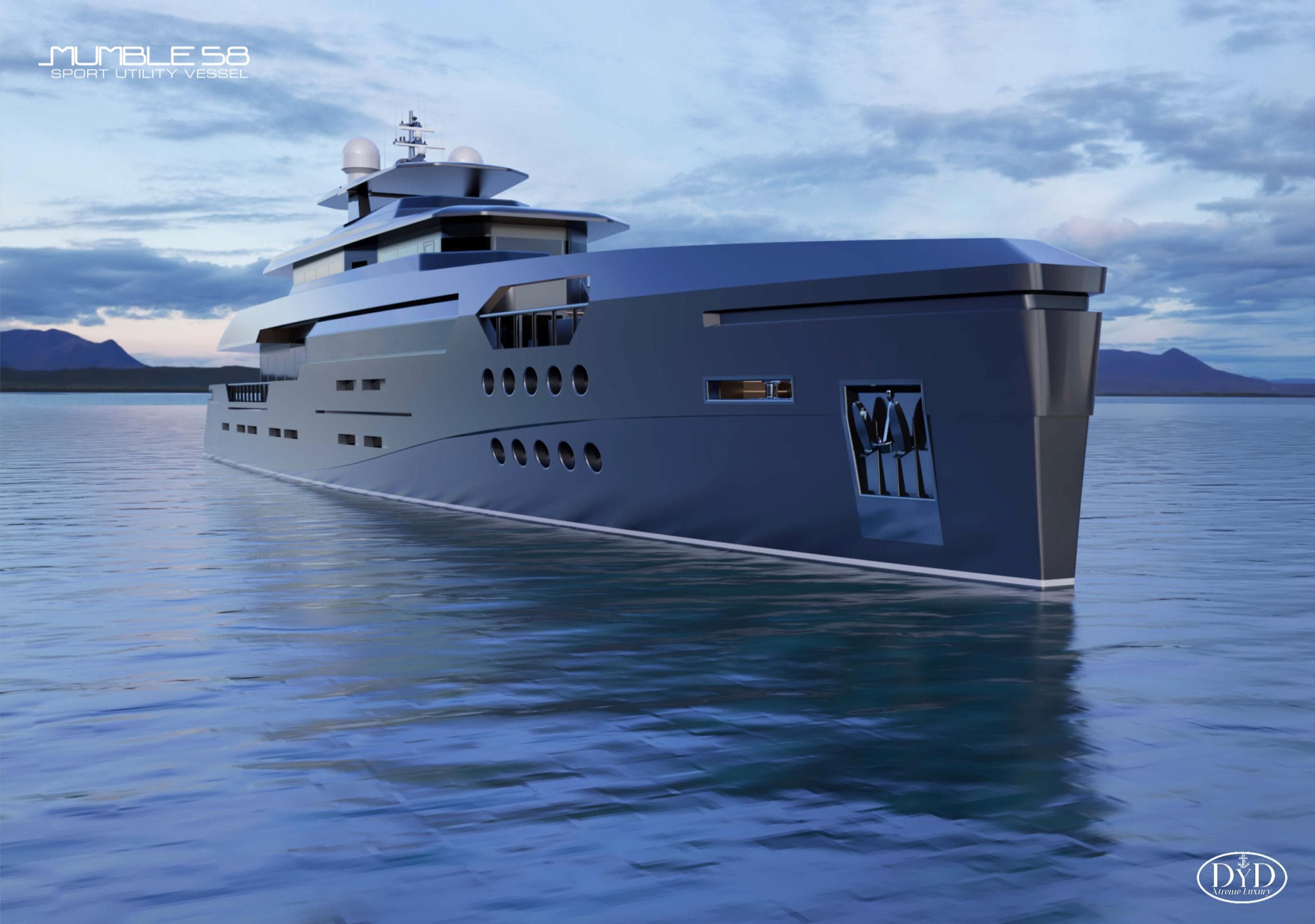 Luxurious 2025 Franco Gnessi DYD YH MUMBLE yacht on serene water at sunset.