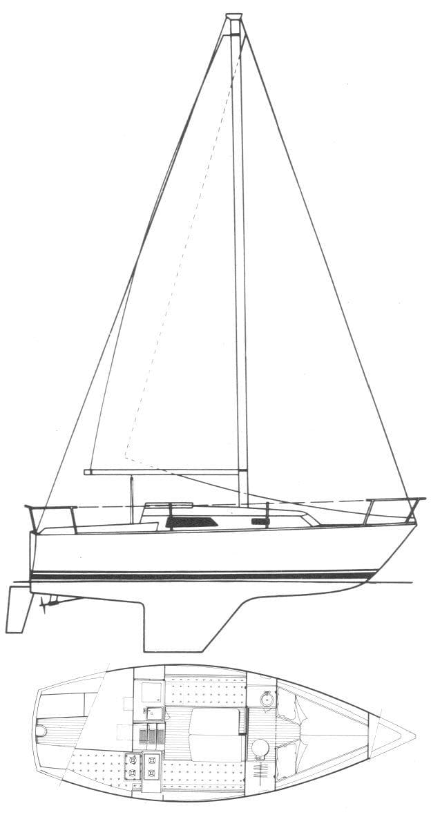 Line drawing of a 1981 CAL 25II Mk II sailboat, side and top views.
