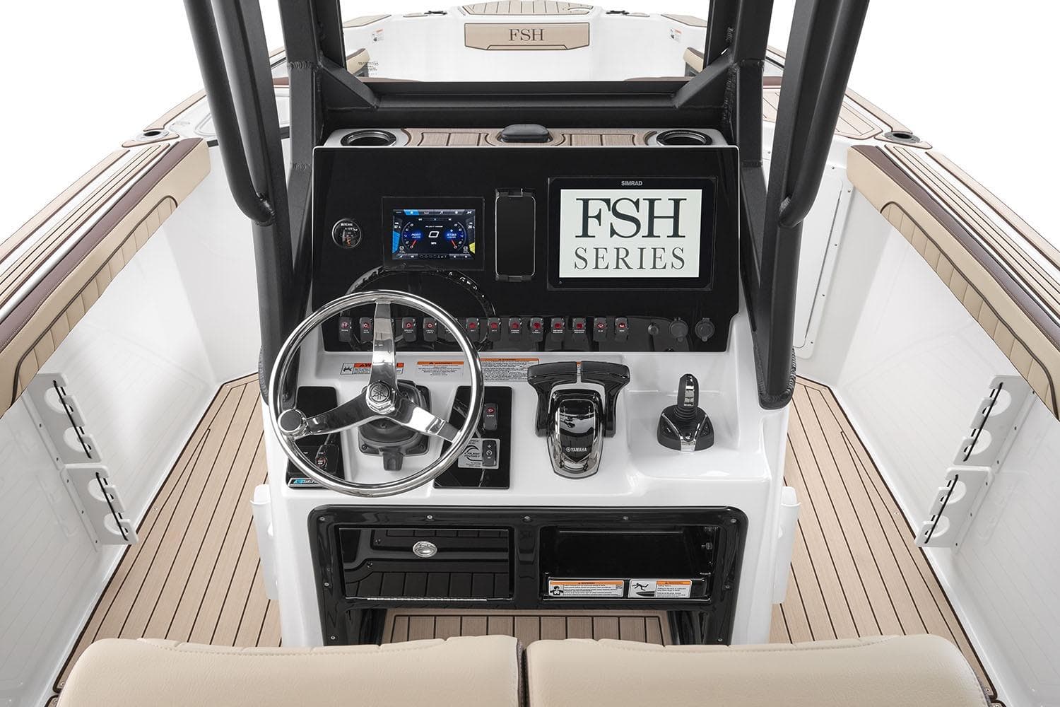 Manufacturer Provided Image: 2026 Yamaha Boats 255 FSH Sport H dashboard with steering wheel and control panel.