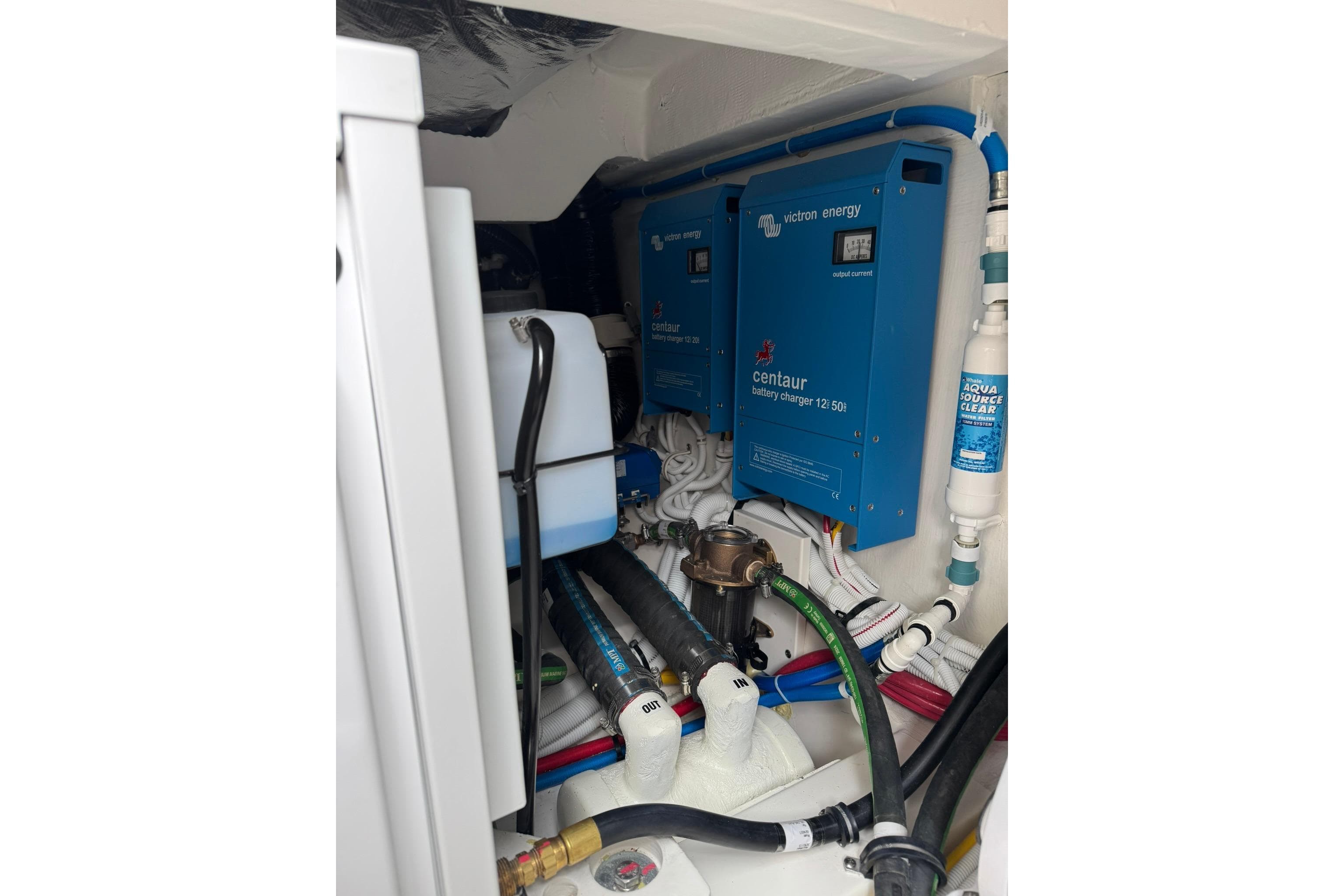Engine room of 2025 Tiara Yachts 43 LE with Victron Energy equipment.