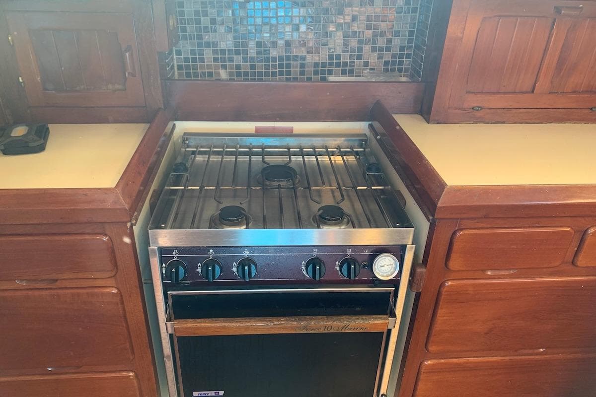 Vintage 1981 Hardin 45 stove in wooden kitchen setting.