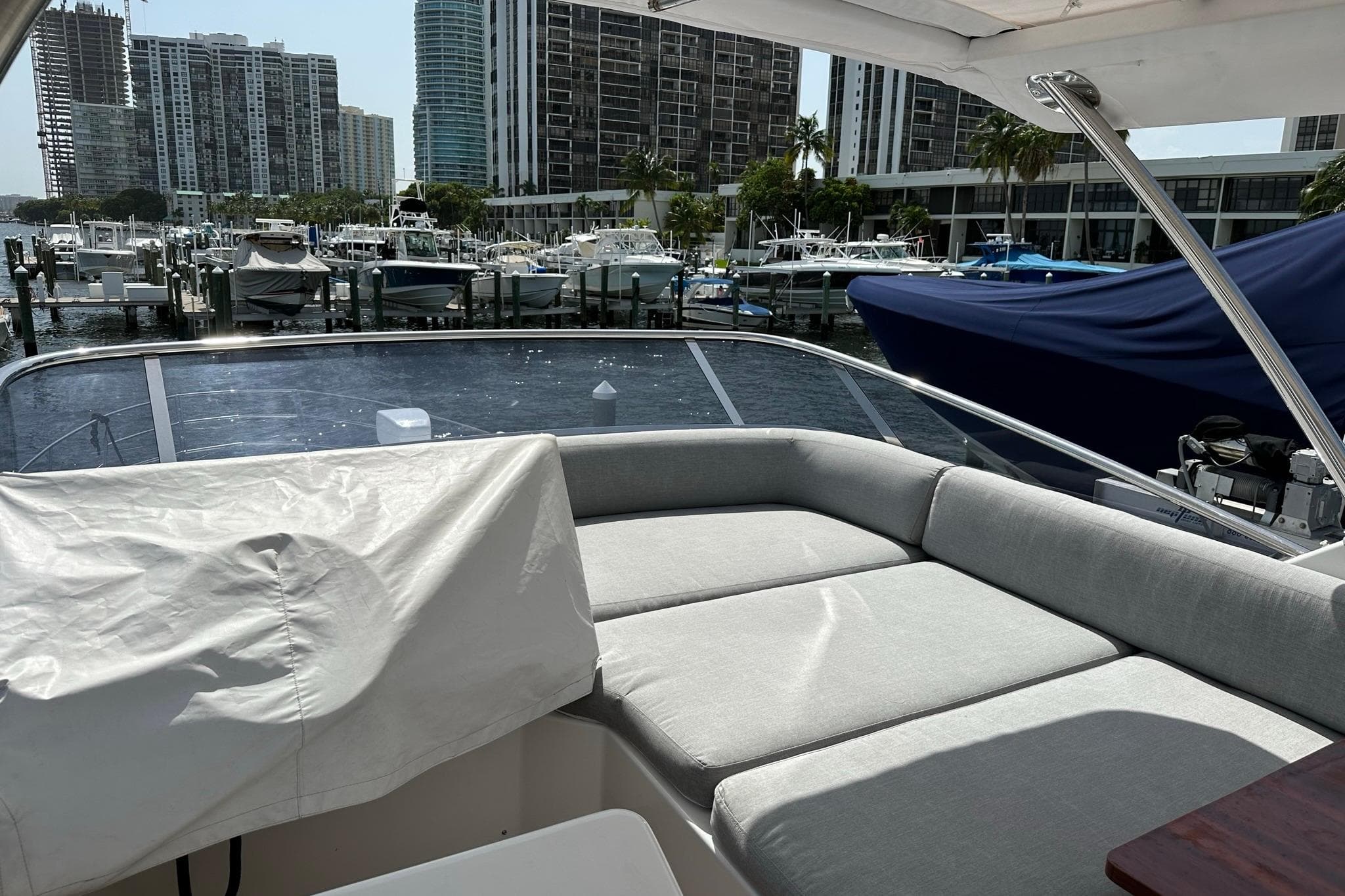 Azimut Fly 53 yacht interior with marina view, 2013 model.