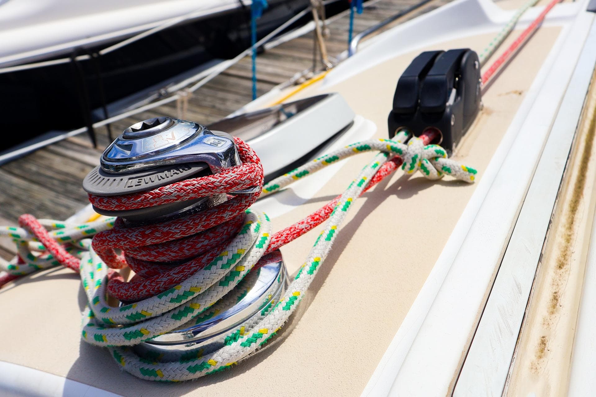 Close-up of winch and ropes on 1998 J Boats J/32 sailboat deck.