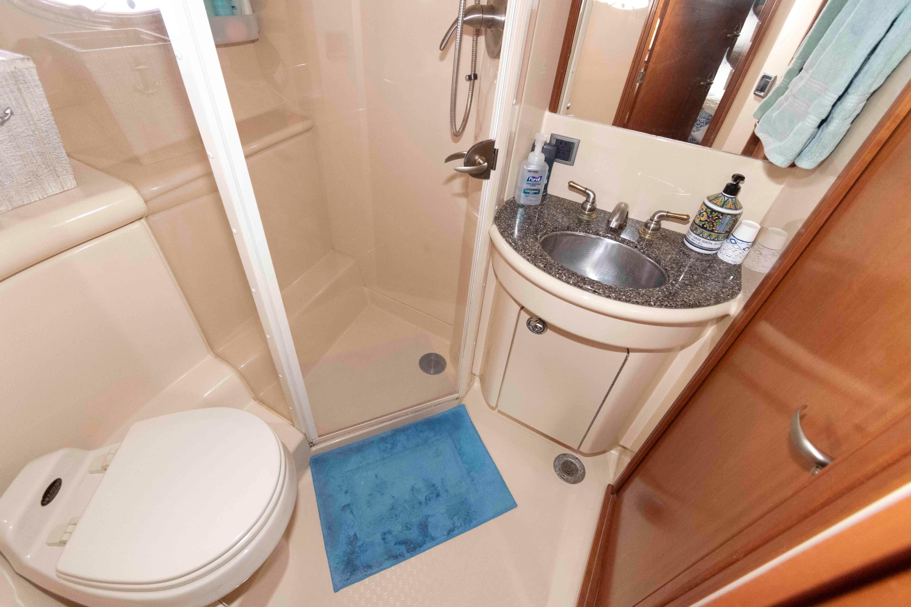 Bathroom in 2004 Meridian 408 Motoryacht with shower, sink, and toilet.