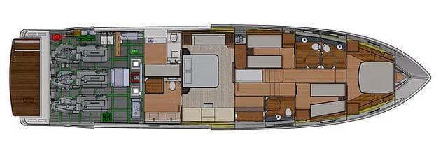 Floor plan of 2026 Schaefer 770 yacht, showcasing interior layout and engine room.