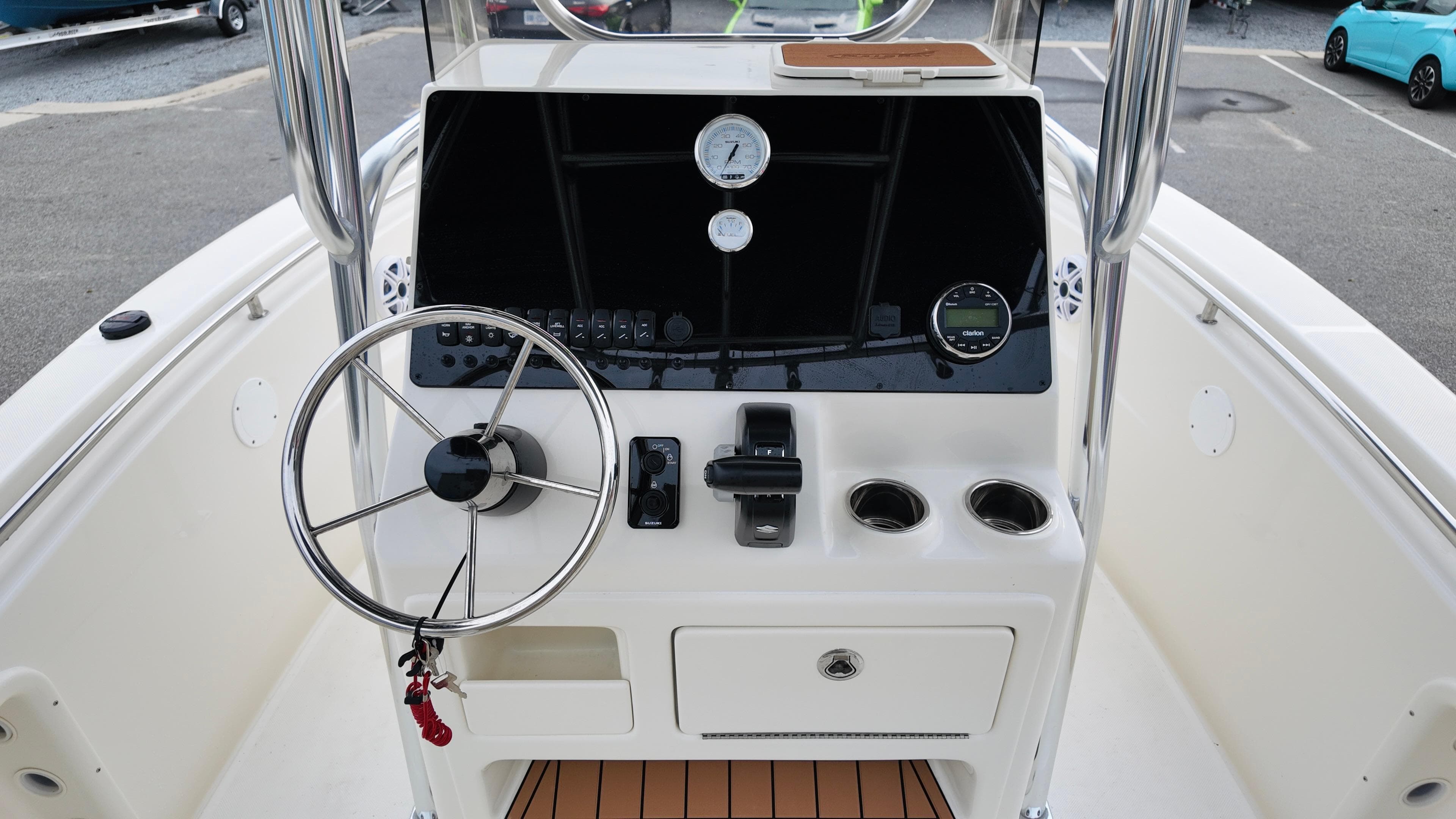 2025 Bulls Bay 200 CC boat console with steering wheel and controls.