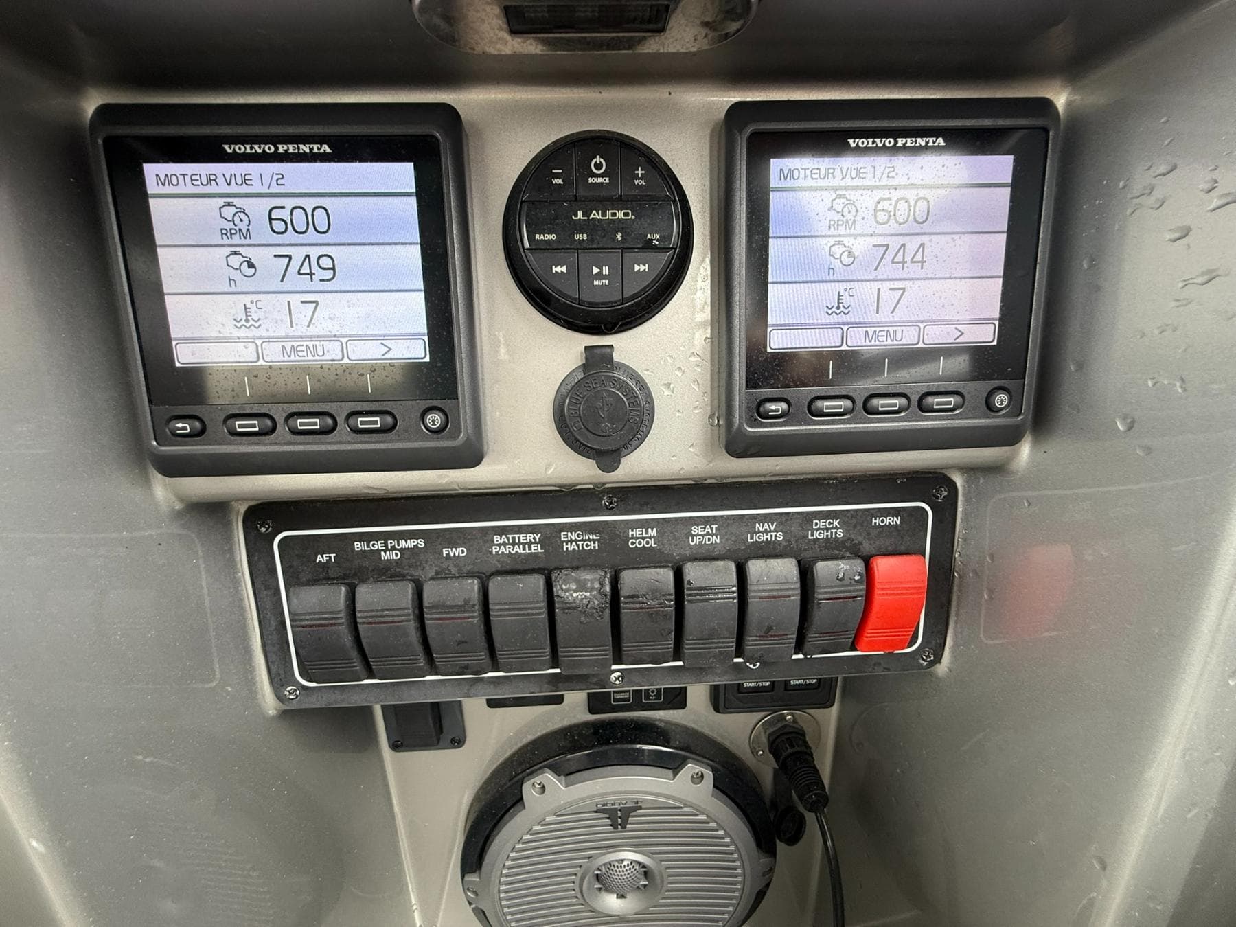 Control panel of a 2019 VanDutch 55 yacht with Volvo Penta displays and switches.