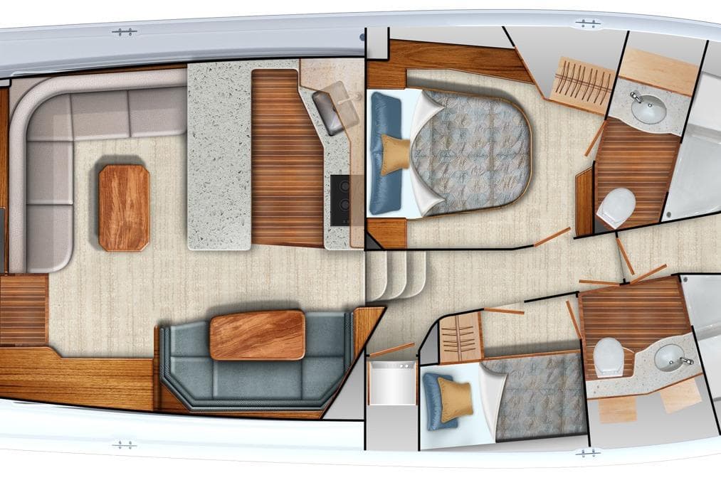 Floor plan of 2026 Viking 54 Convertible yacht interior layout.