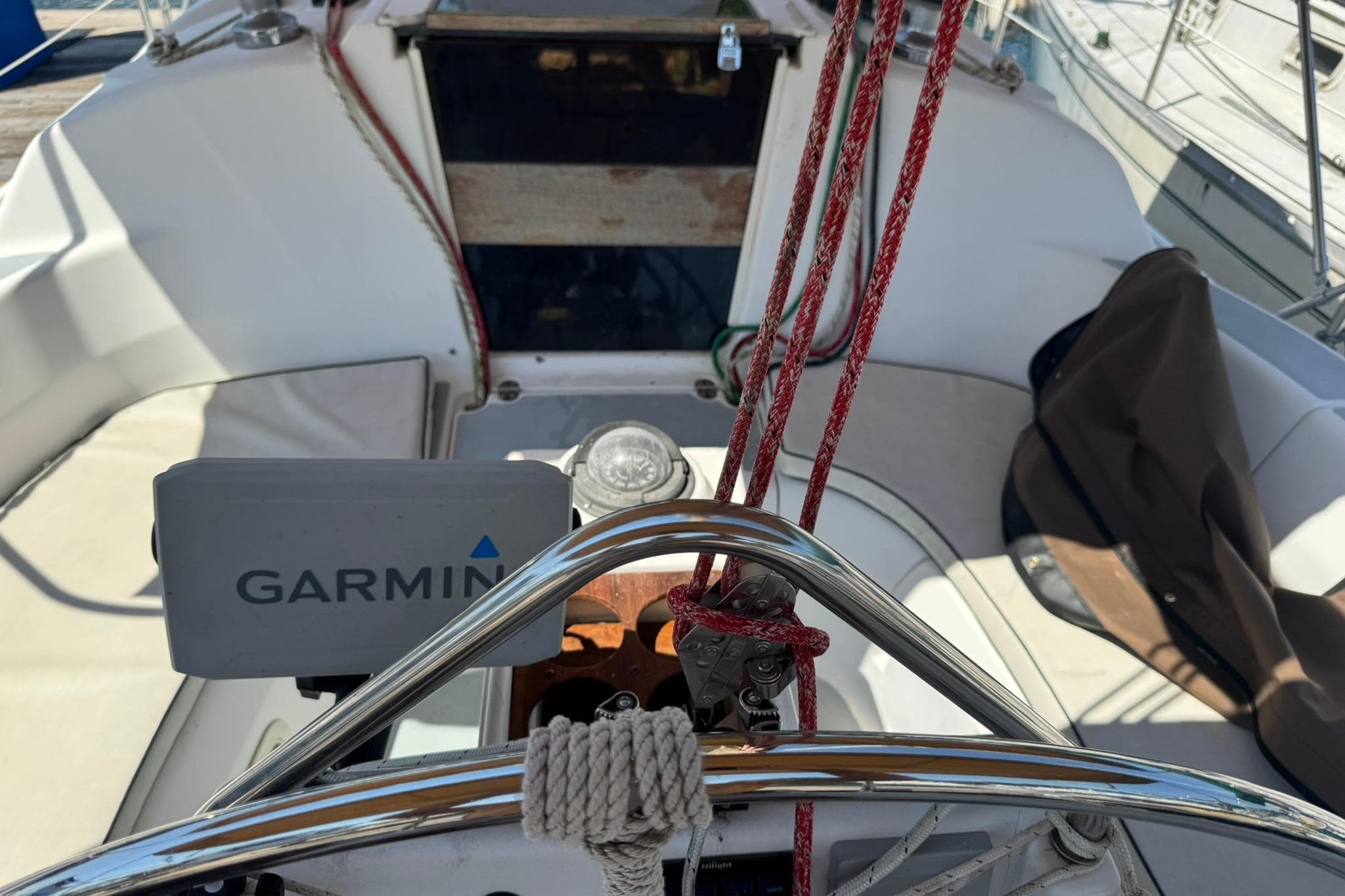 Cockpit of a 1994 Hunter 29.5 sailboat with Garmin navigation equipment.