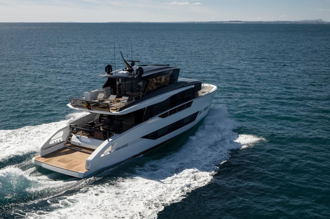 Luxury Astondoa AX8 yacht cruising on open sea, 2025 model.