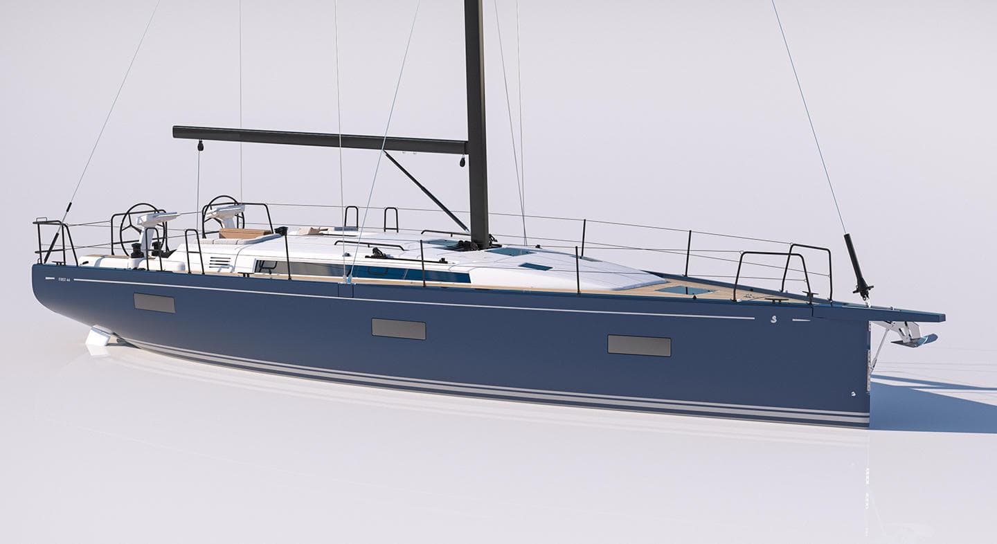 2025 Beneteau First 44 sailboat with sleek blue hull and modern design.