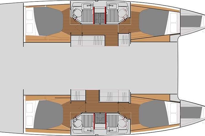 2021 Fountaine Pajot Catamaran Astrea 42 floor plan, featuring cabins and bathrooms.
