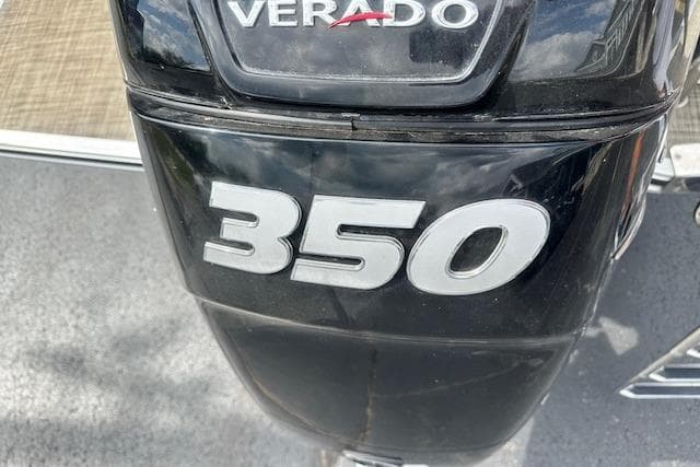 Outboard motor with "Verado 350" branding on a 2020 Harris Solstice 250 boat.