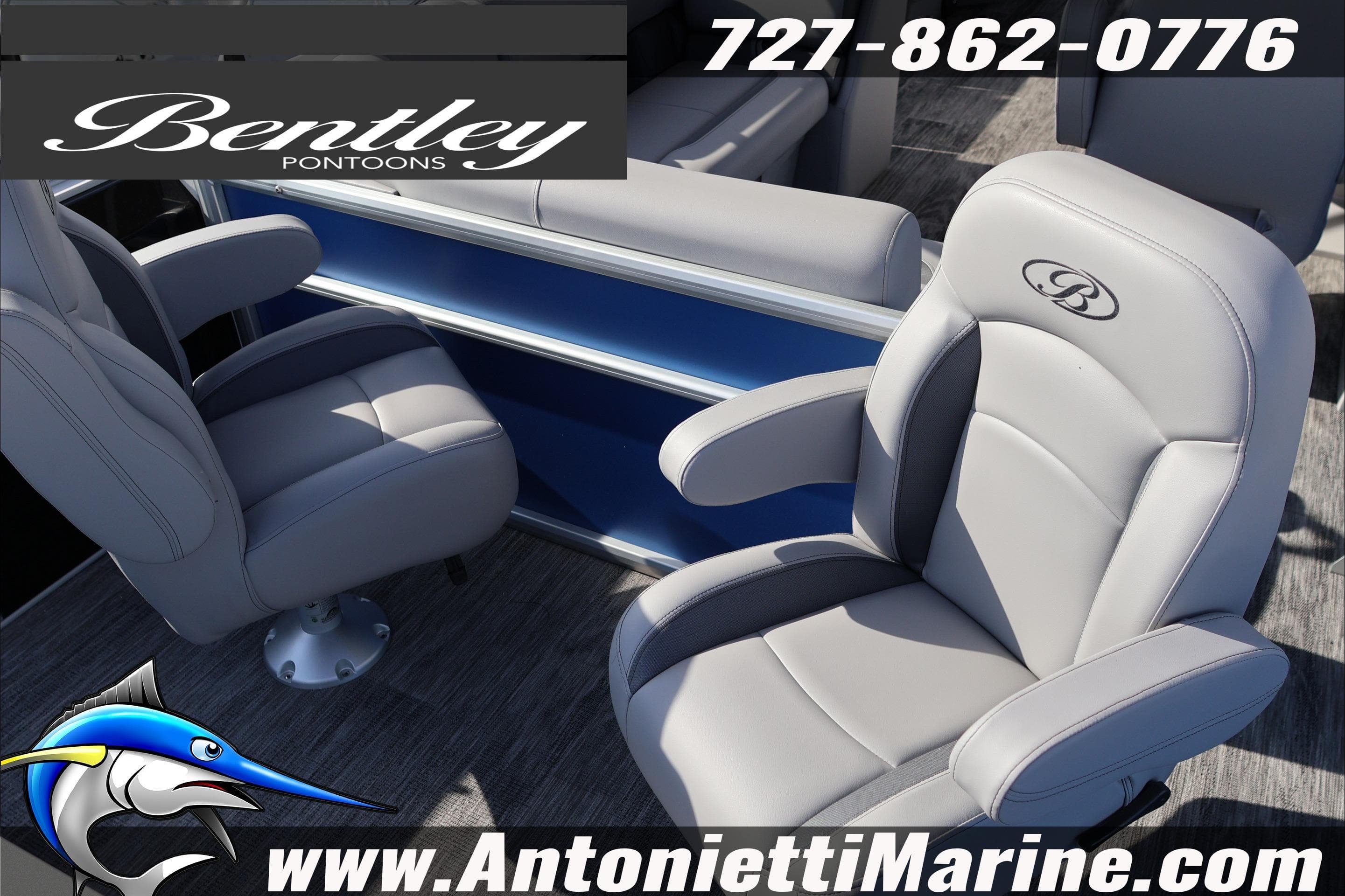 2026 Bentley Pontoons 243 Fish-N-Cruise boat seats, featuring luxurious gray upholstery.