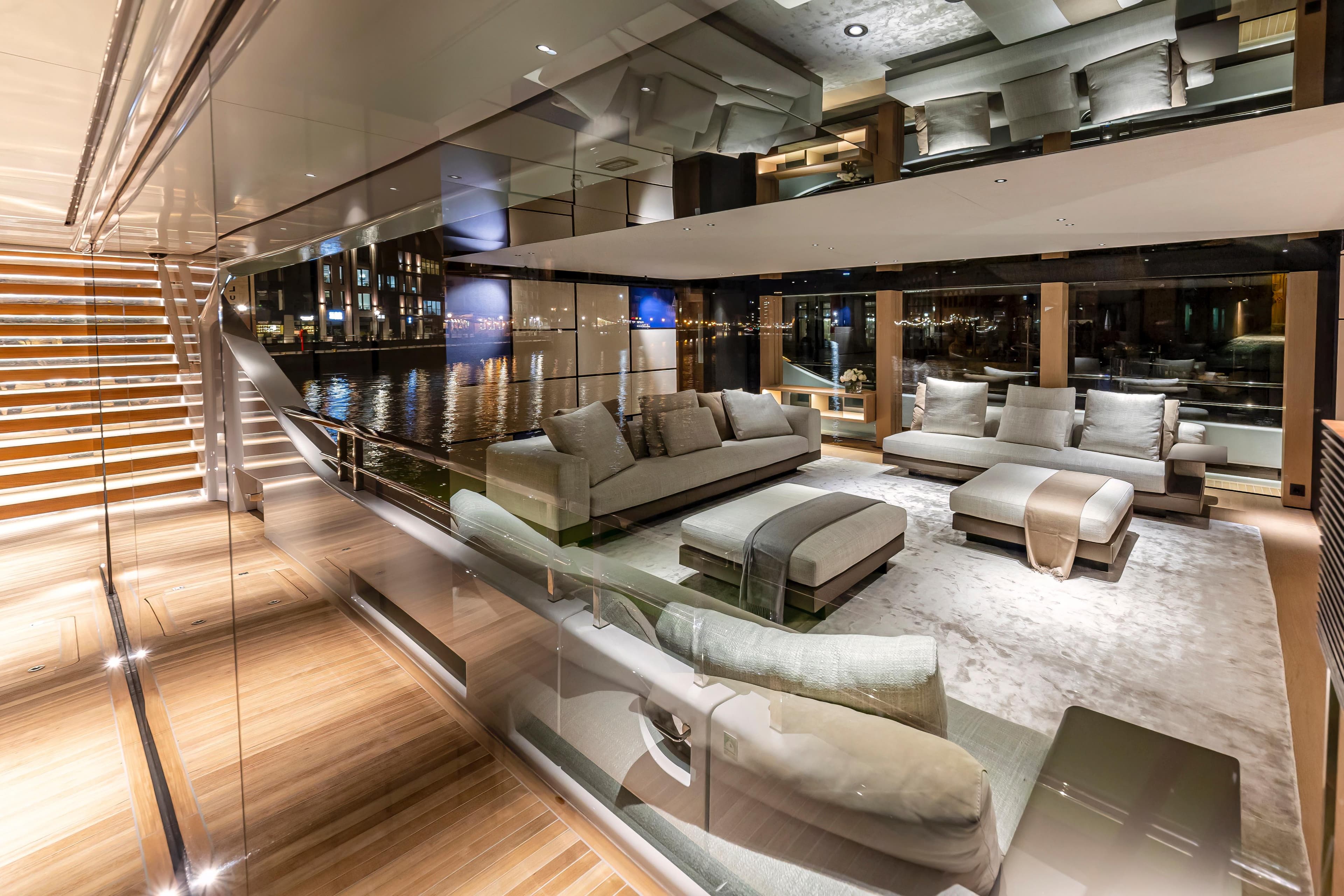 Luxurious interior of Conrad C144S yacht, 2026 model, featuring modern design and waterfront views.